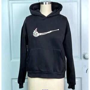 Skeleton Swoosh Arm Embroidered Upcycled Black Hoodie Flowers Women's Size Small